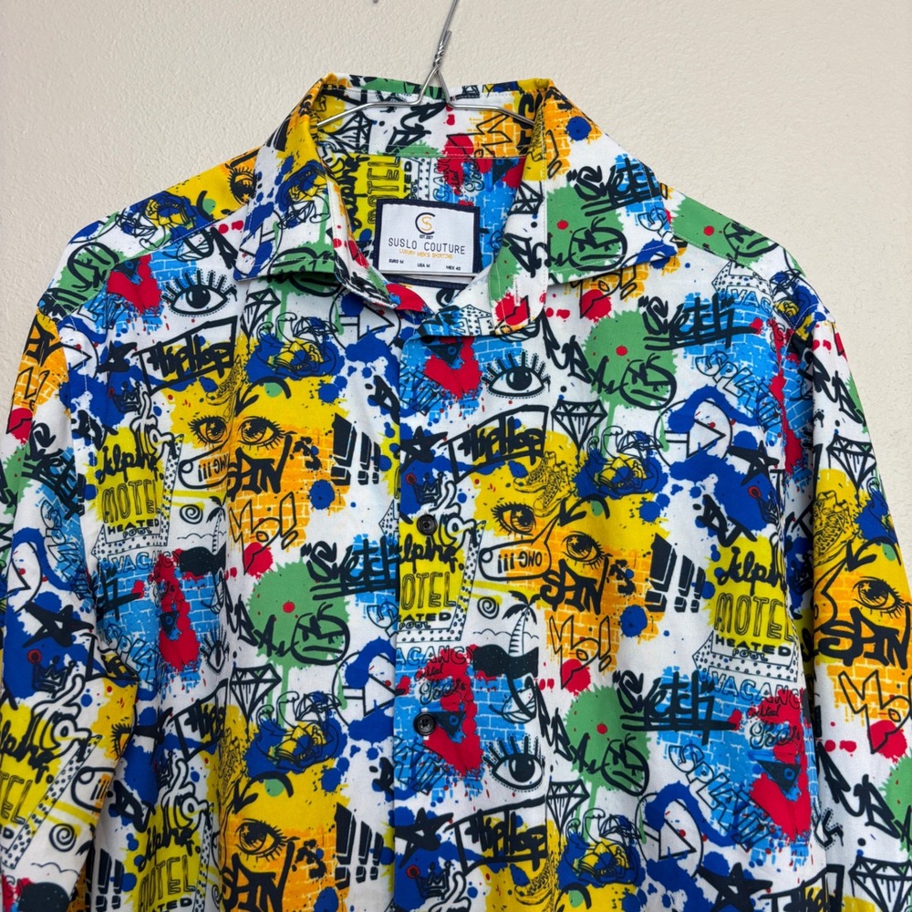 Suslo Couture Mens Slim Fit Graffiti Pop Art Button Down Shirt Multi Color M - Picture 9 of 13
